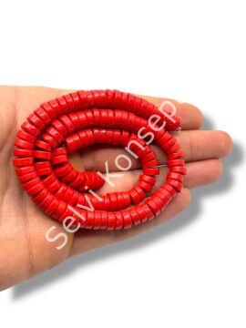 El Yapımı Venetian Parlak Disk-Pul Cam Boncuk Kırmızı Dizi 8x4 mm