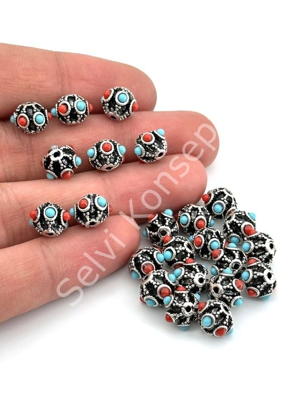 Gümüş Kaplama Çizgili-Boncuklu Ara Malzeme 9x8 mm