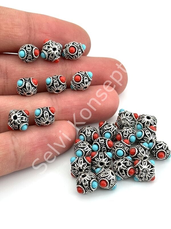 Gümüş Kaplama İşlemeli-Boncuklu Ara Malzeme 9x7 mm