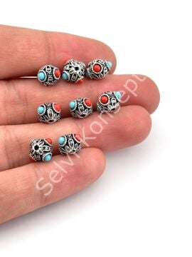 Gümüş Kaplama İşlemeli-Boncuklu Ara Malzeme 9x7 mm