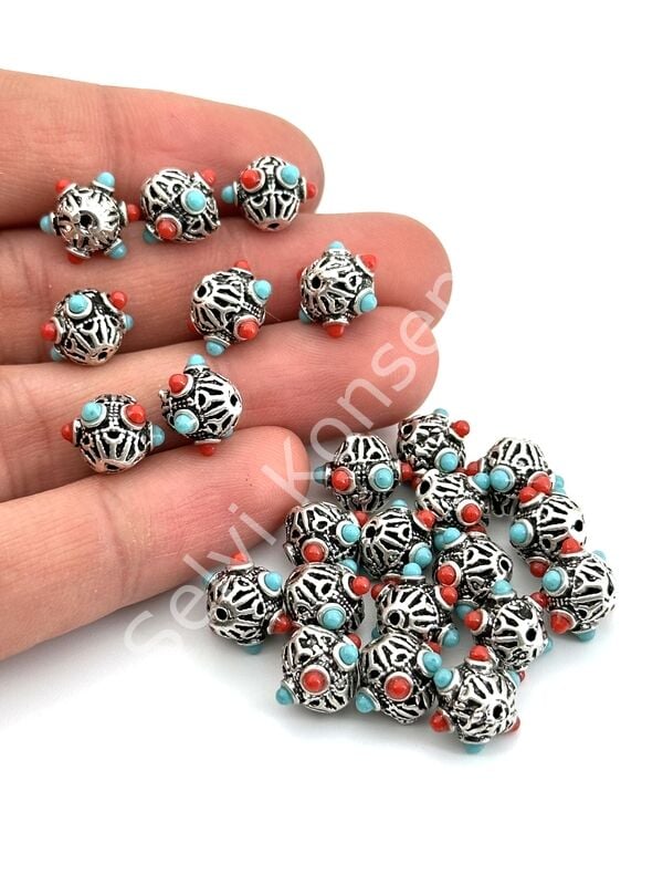 Gümüş Kaplama Desenli-Boncuklu Ara Malzeme 11x10 mm