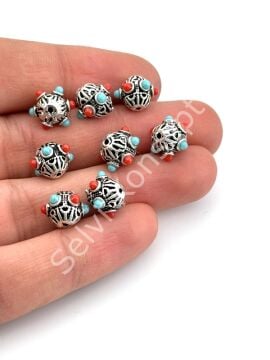 Gümüş Kaplama Desenli-Boncuklu Ara Malzeme 11x10 mm