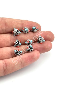 Gümüş Kaplama Desenli-Boncuklu Ara Malzeme 9x7 mm