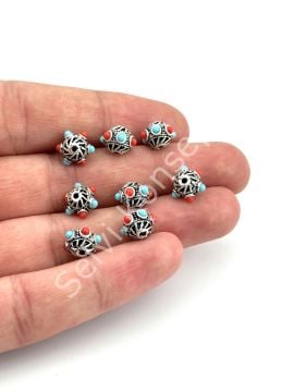 Gümüş Kaplama Desenli-Boncuklu Ara Malzeme 9x7 mm 10 Adet