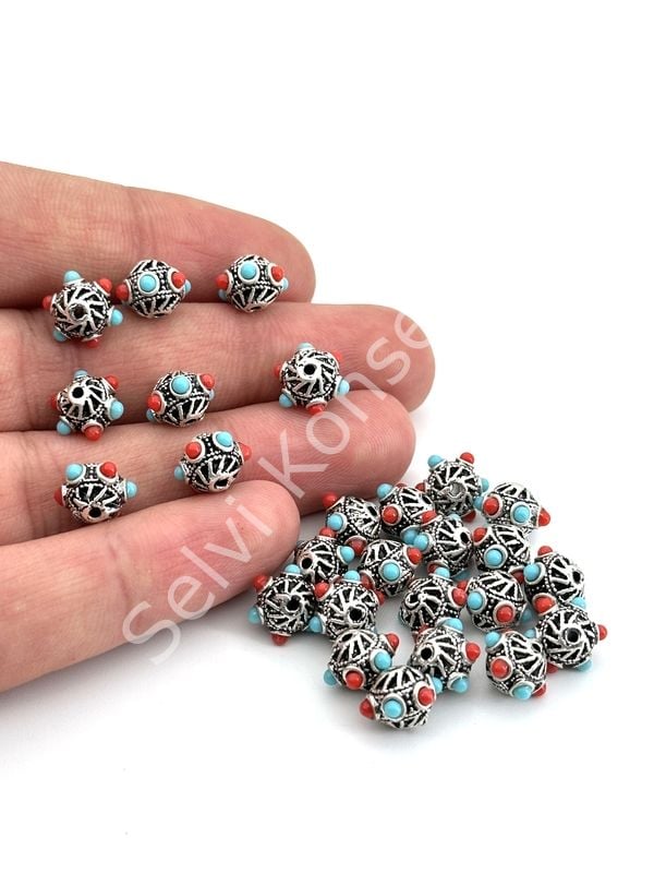 Gümüş Kaplama Desenli-Boncuklu Ara Malzeme 9x7 mm 10 Adet