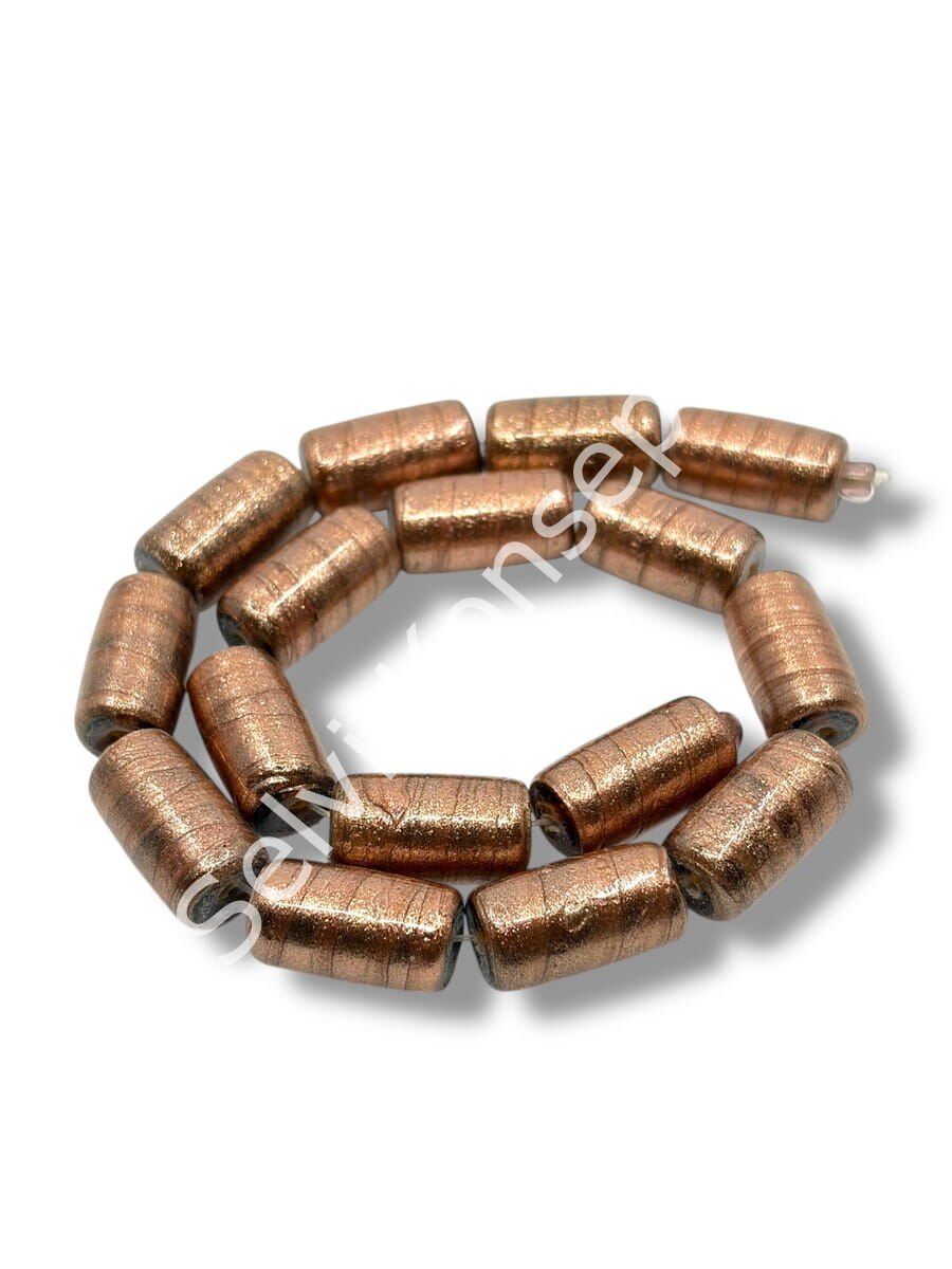 El Yapımı Vintage Aventurin Bakır Işıltılı Cam Boncuk Silindir Form 10x19 mm