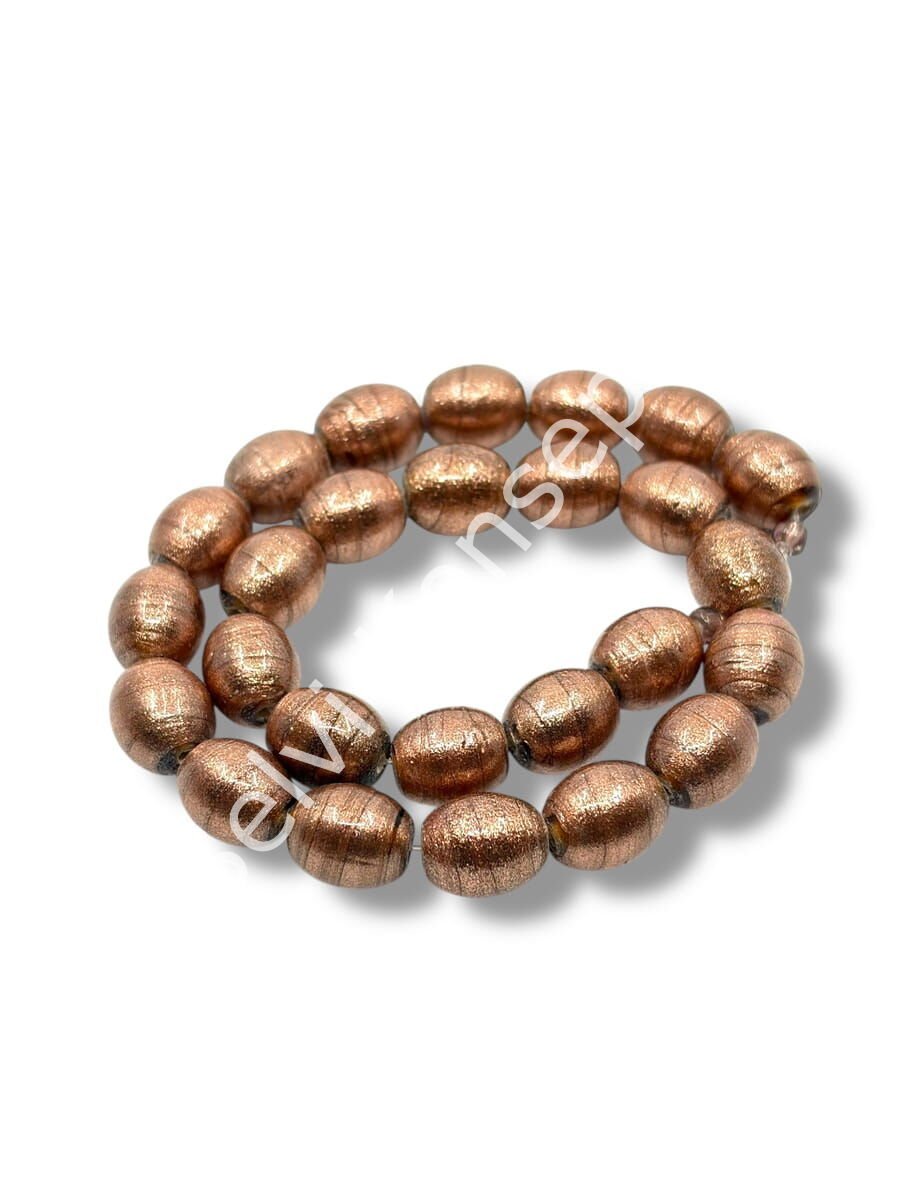 El Yapımı Vintage Aventurin Bakır Işıltılı Cam Boncuk Elips Form 10x12 mm