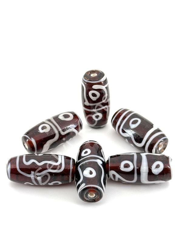 Etnik Desenli Oval Cam Boncuk Şeffaf Kahverengi 10 Adet