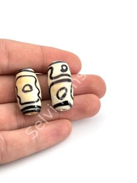 Etnik Desenli Oval Cam Boncuk Krem 10 Adet