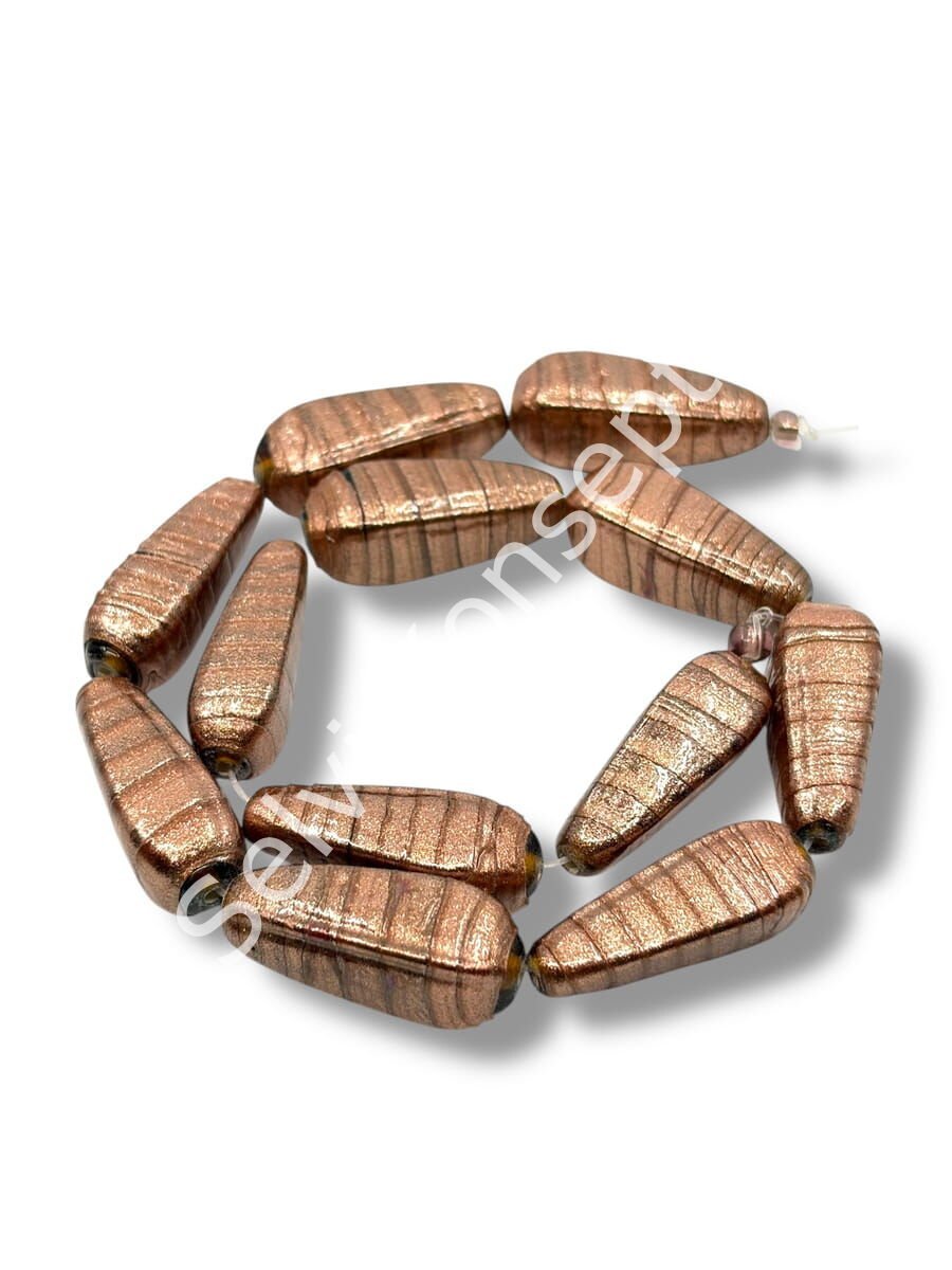 El Yapımı Vintage Aventurin Bakır Işıltılı Cam Boncuk Damla Form 9x26 mm