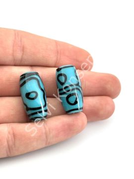 Etnik Desenli Oval Cam Boncuk Turkuaz 10 Adet