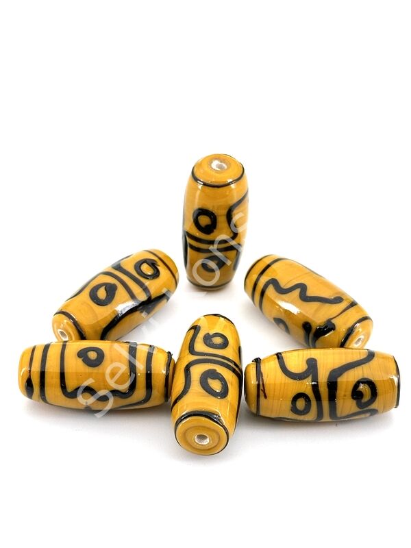 Etnik Desenli Oval Cam Boncuk Hardal 10 Adet