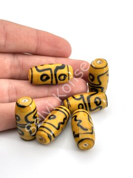 Etnik Desenli Oval Cam Boncuk Hardal 10 Adet