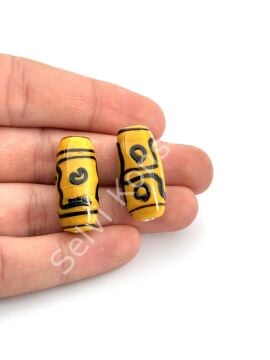 Etnik Desenli Oval Cam Boncuk Hardal 10 Adet