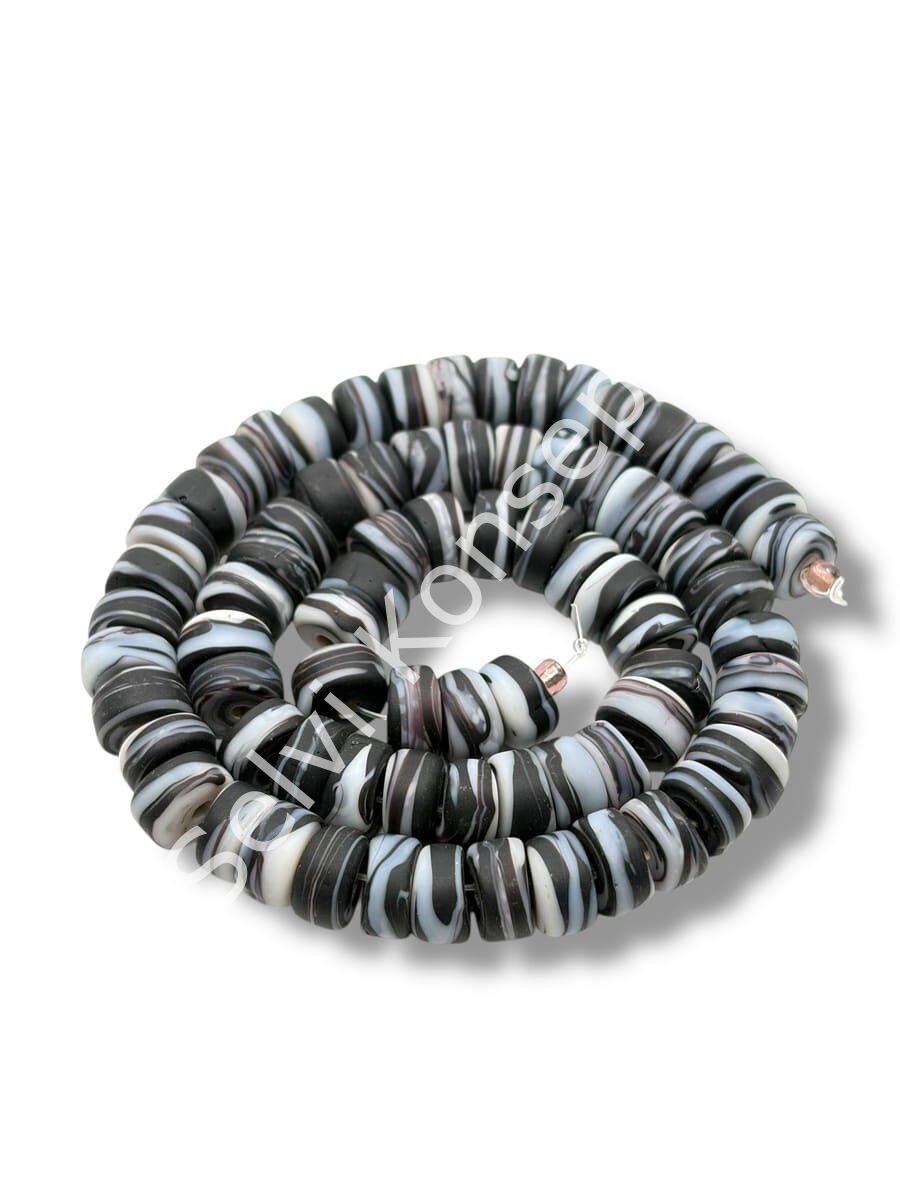 El Yapımı Venetian Zebra Sarmalı Mat Rondela Cam Boncuk Dizi 10x5 mm