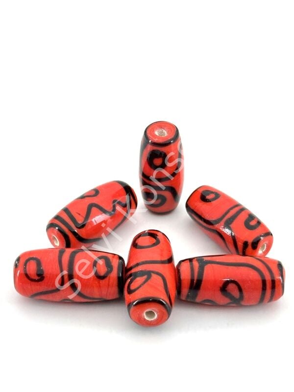 Etnik Desenli Oval Cam Boncuk Kırmızı 10 Adet