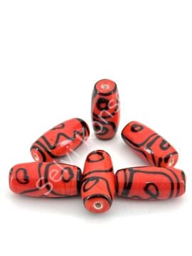 Etnik Desenli Oval Cam Boncuk Kırmızı 10 Adet