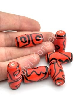 Etnik Desenli Oval Cam Boncuk Kırmızı 10 Adet