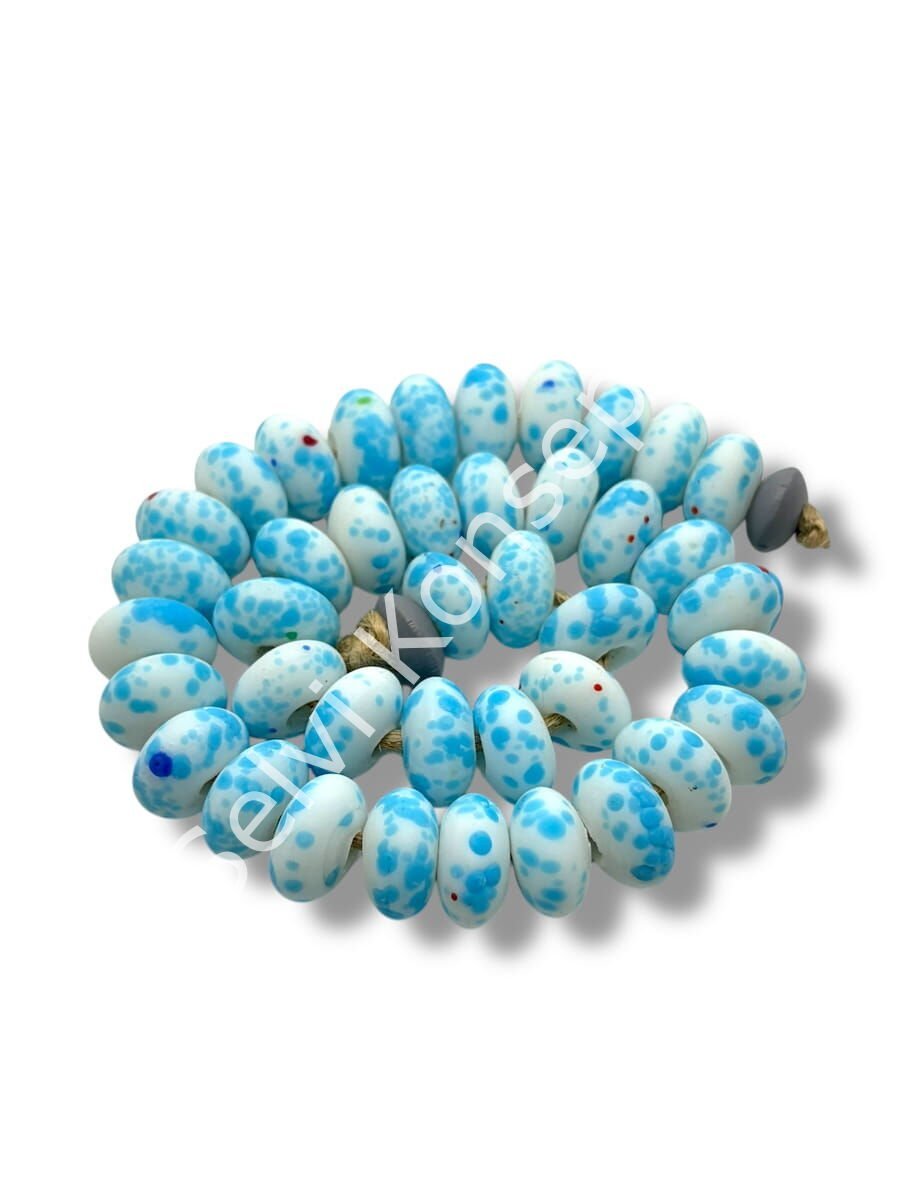 El Yapımı Terrazzo Mat Rondela Beyaz-Mavi Cam Boncuk 12x7 mm