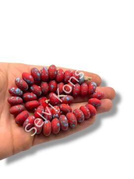 El Yapımı Terrazzo Mat Rondela Kırmızı-Turkuaz Cam Boncuk 12x7 mm