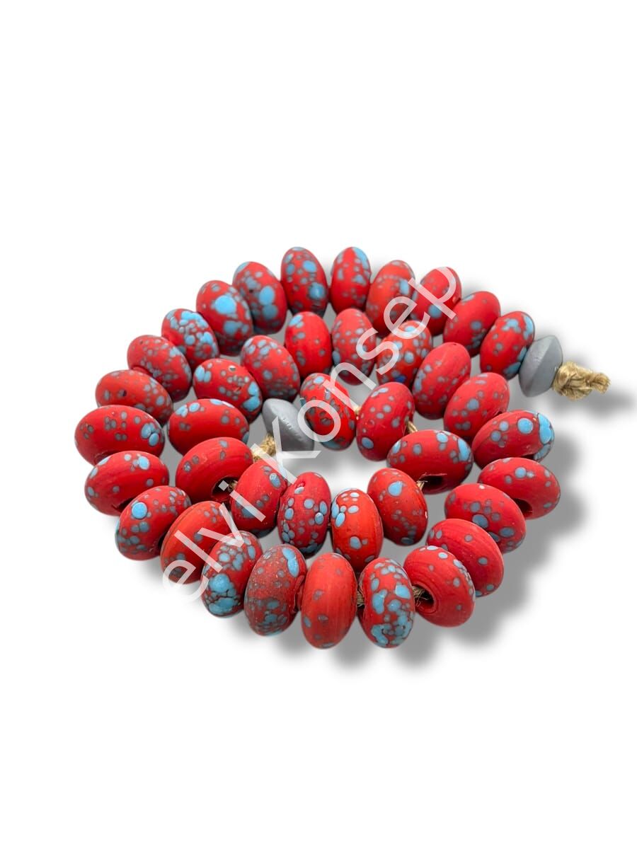 El Yapımı Terrazzo Mat Rondela Kırmızı-Turkuaz Cam Boncuk 12x7 mm