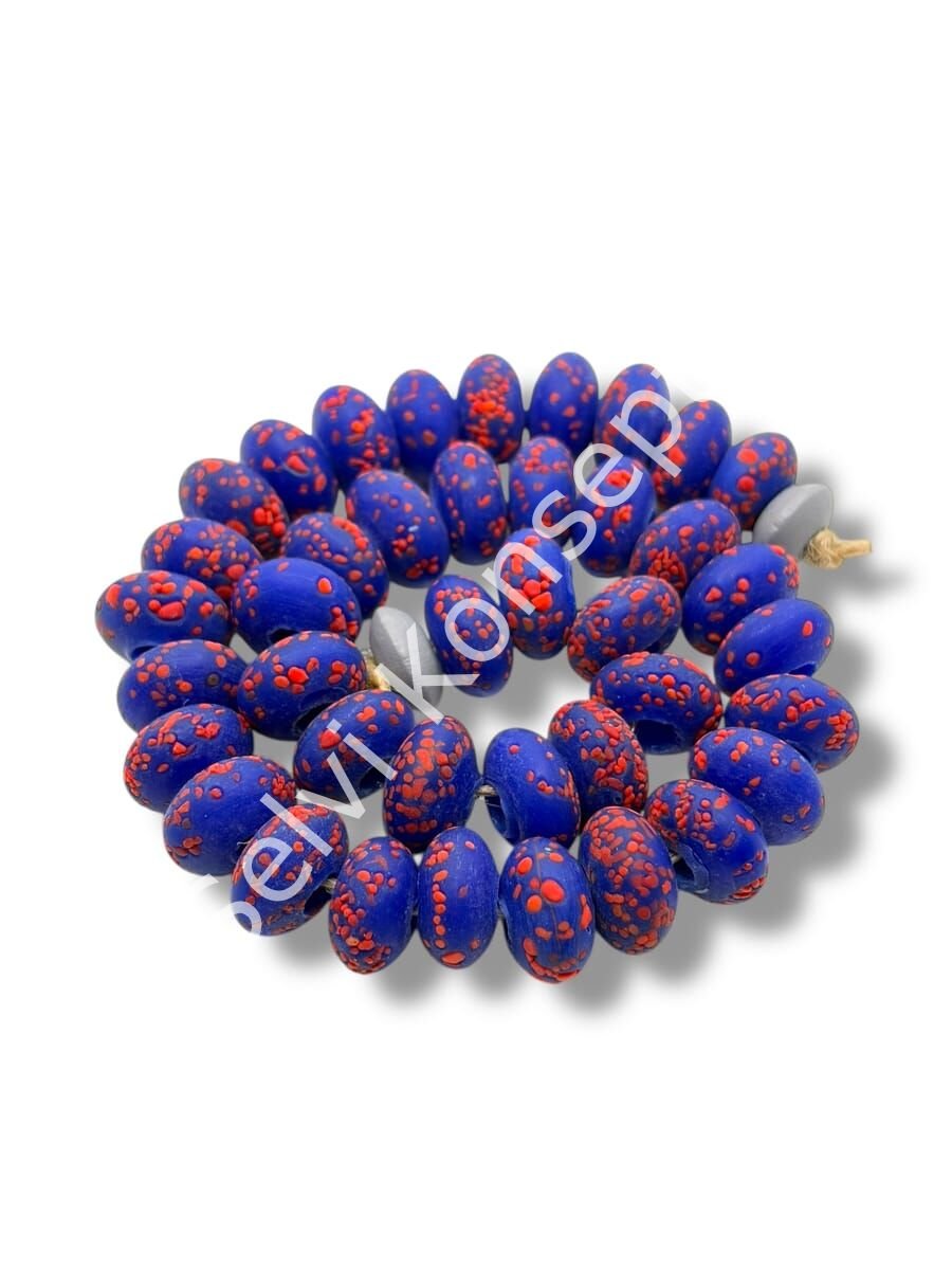 El Yapımı Terrazzo Mat Rondela Lacivert-Kırmızı Cam Boncuk 12x7 mm