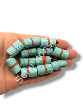 El Yapımı Geri Dönüştürülmüş Ritmik Çizgili Mat Silindir Cam Boncuk Yeşil 12x21 mm