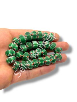 El Yapımı Afrika Chevron Dolgun Rondela Mat Cam Boncuk Orman Yeşili 12x8 mm