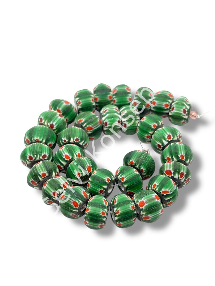 El Yapımı Afrika Chevron Dolgun Rondela Mat Cam Boncuk Orman Yeşili 12x8 mm