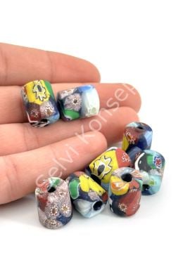 Gana-Krobo Cam Boncuk Karışık Renk-Desen 13x16 mm 10 Adet