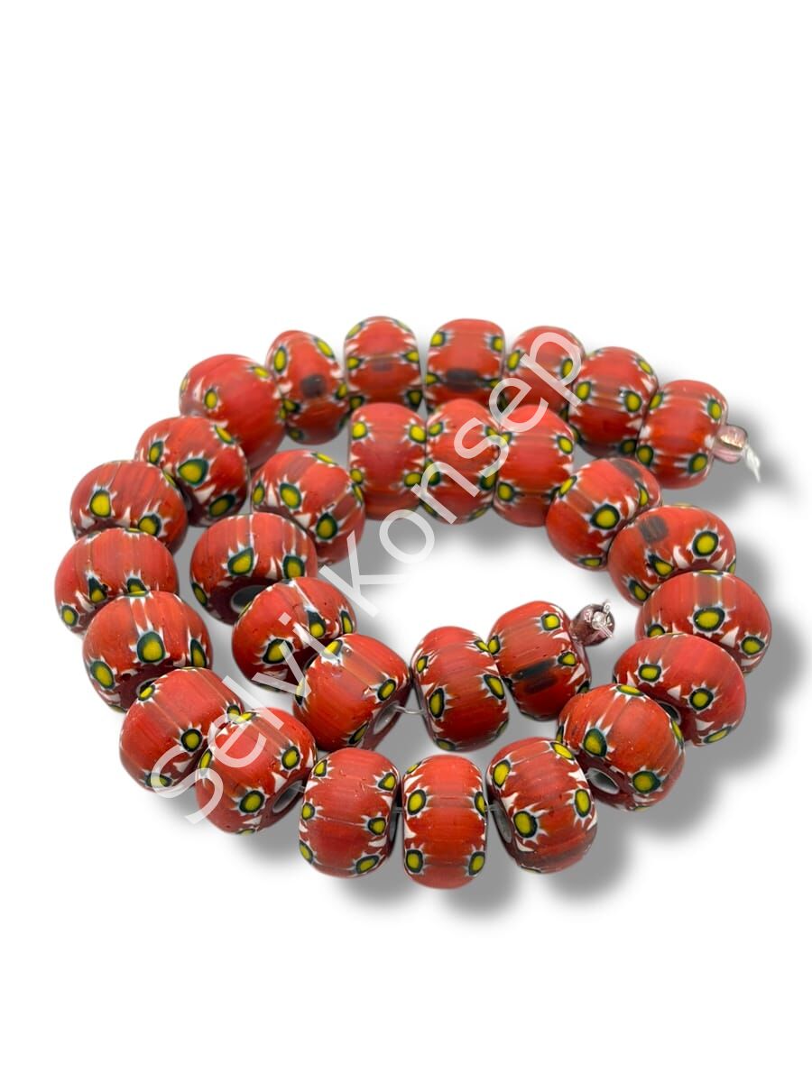 El Yapımı Afrika Chevron Dolgun Rondela Mat Cam Boncuk Kırmızı 12x8 mm