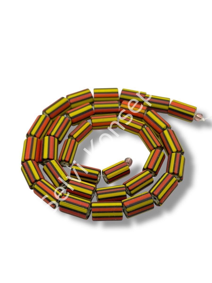 Özel Kesim Afrika Silindir Boru Mat Cam Boncuk Dizi Sarı-Kırmızı Çizgili