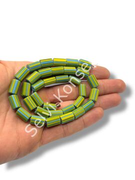 Özel Kesim Afrika Silindir Boru Mat Cam Boncuk Dizi Sarı-Mavi Çizgili