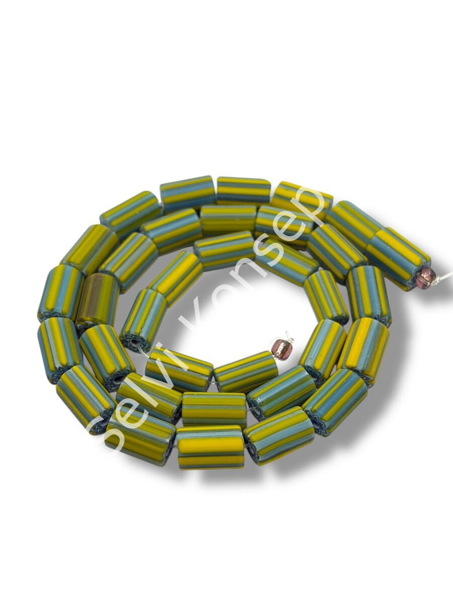 Özel Kesim Afrika Silindir Boru Mat Cam Boncuk Dizi Sarı-Mavi Çizgili