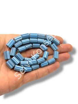 Özel Kesim Afrika Silindir Boru Mat Cam Boncuk Dizi Buz Mavi Çizgili