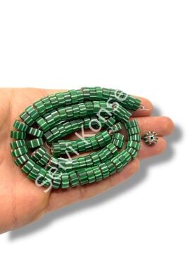 Özel Kesim Afrika Çizgili Disk-Rondela Mat Cam Boncuk Dizi Yeşil-Beyaz