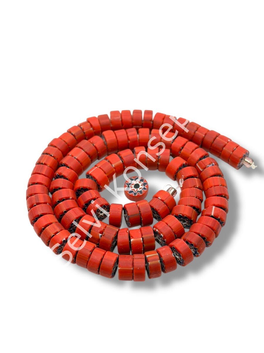 Özel Kesim Afrika Çizgili Disk-Rondela Mat Cam Boncuk Dizi Kırmızı