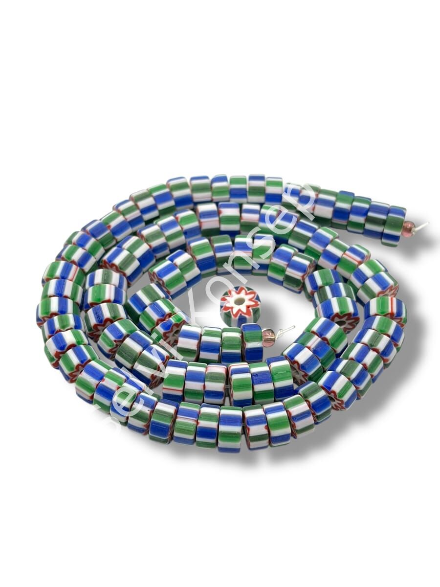 Özel Kesim Afrika Çizgili Disk-Rondela Mat Cam Boncuk Dizi Yeşil-Lacivert