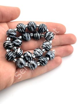 Siyah Üzeri Beyaz Desenli Yuvarlak Dizi Cam Boncuk