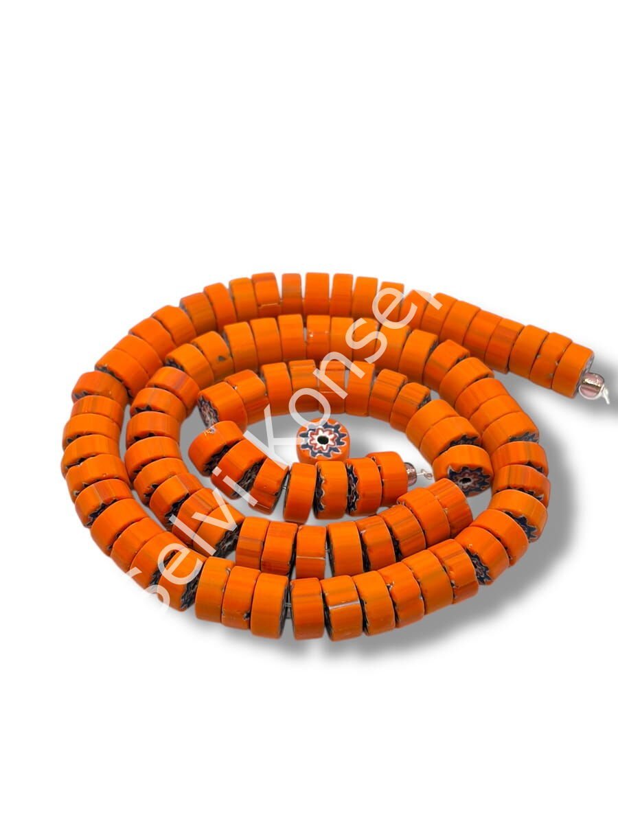 Özel Kesim Afrika Çizgili Disk-Rondela Mat Cam Boncuk Dizi Turuncu