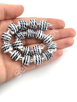 Beyaz Üzeri Siyah Desenli Silindir Dizi Cam Boncuk