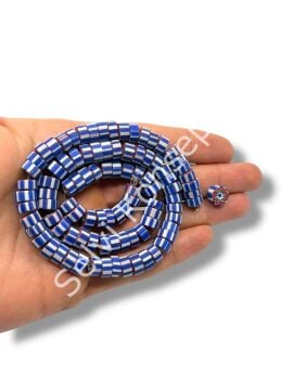 Özel Kesim Afrika Çizgili Disk-Rondela Mat Cam Boncuk Dizi Lacivert-Beyaz