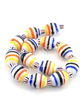 Beyaz Üzeri Renkli Çizgili Oval Dizi Cam Boncuk