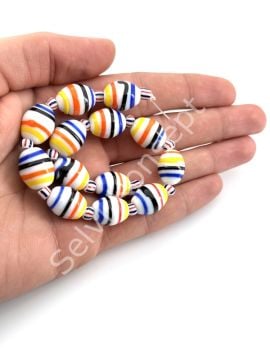 Beyaz Üzeri Renkli Çizgili Oval Dizi Cam Boncuk