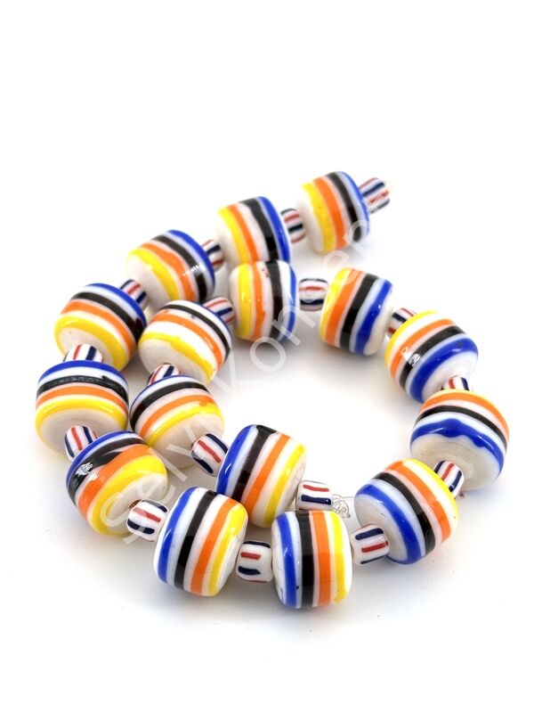 Beyaz Üzeri Renkli Çizgili Silindir Dizi Cam Boncuk