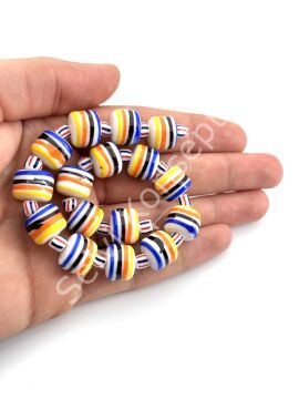 Beyaz Üzeri Renkli Çizgili Silindir Dizi Cam Boncuk