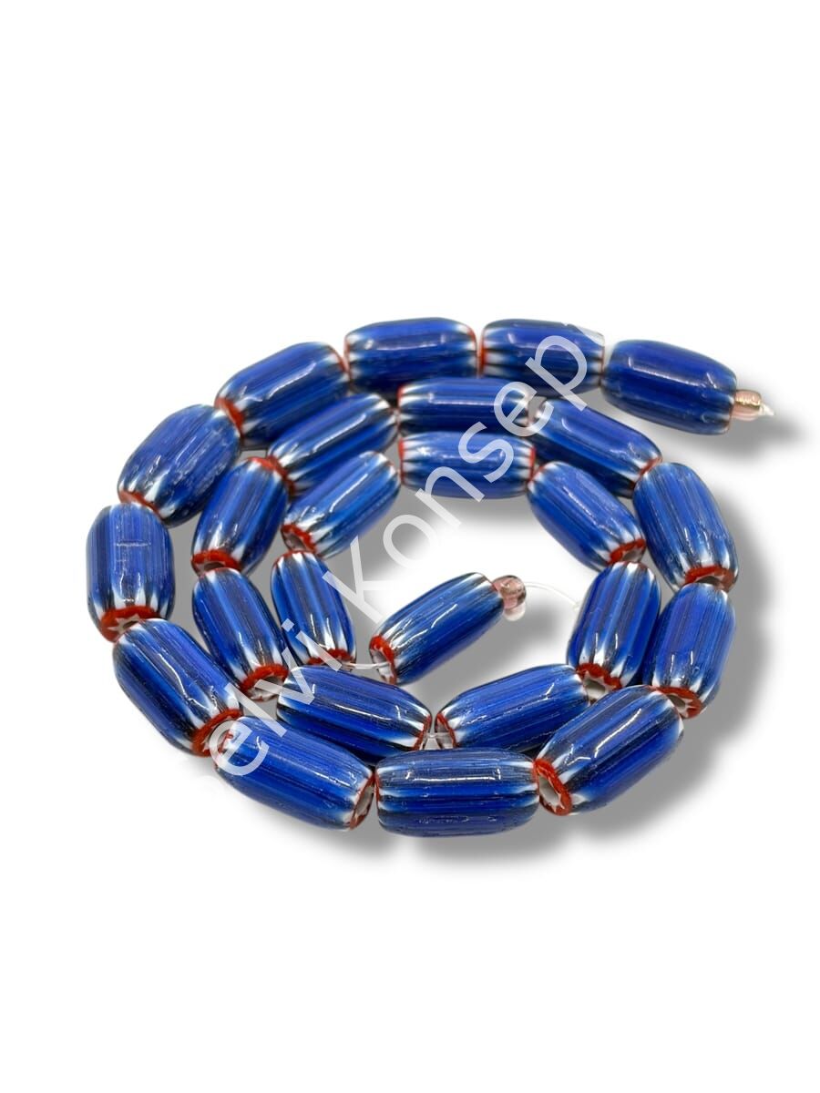 El Yapımı Afrika Chevron Çizgili Oval Cam Boncuk Lacivert 8x15 mm