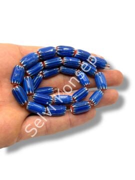 El Yapımı Afrika Chevron Çizgili Oval Cam Boncuk Lacivert 8x15 mm