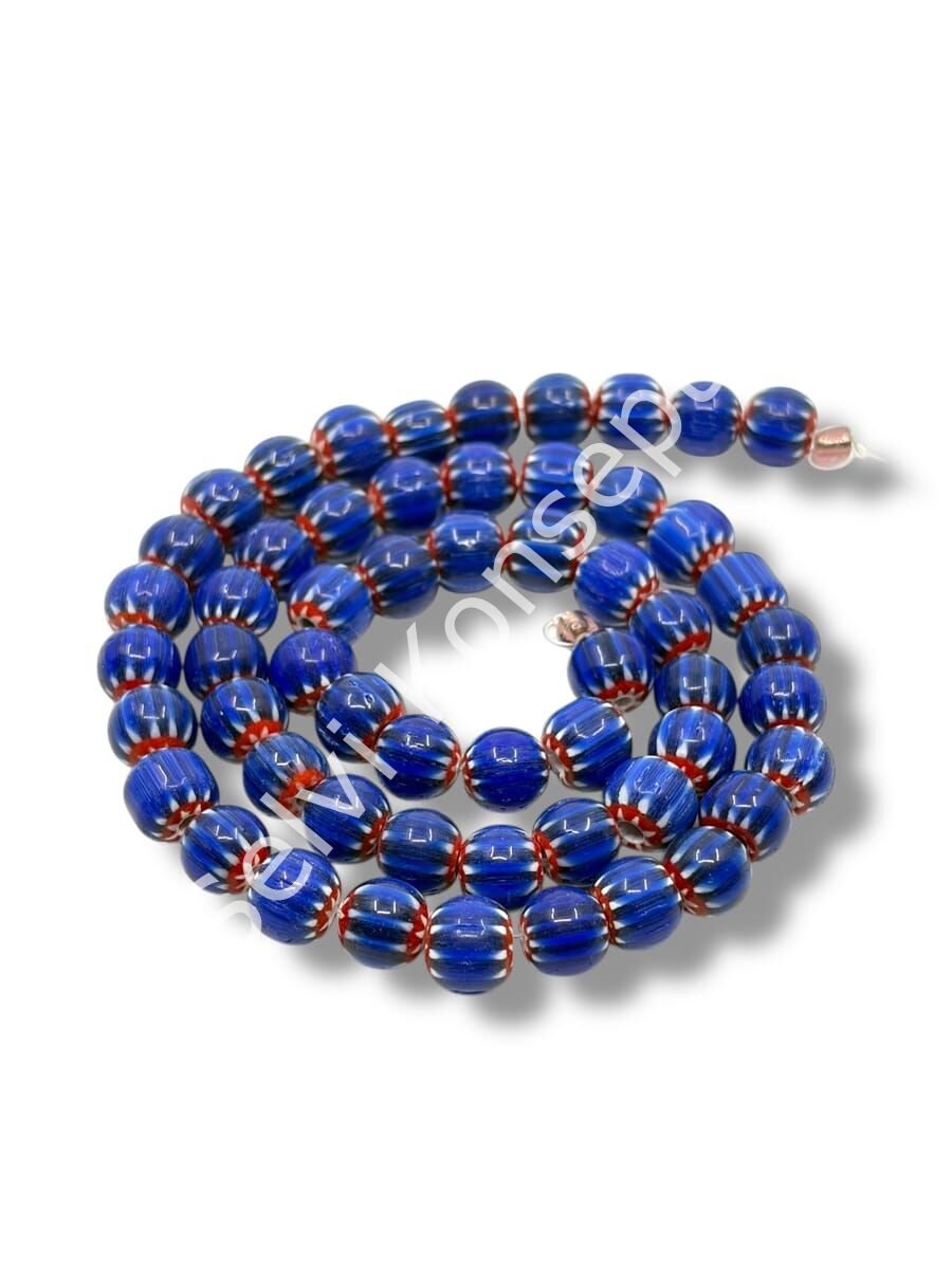 El Yapımı Afrika Chevron Küre Çizgili Cam Boncuk Lacivert 7-8 mm