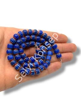 El Yapımı Afrika Chevron Küre Çizgili Cam Boncuk Lacivert 7-8 mm